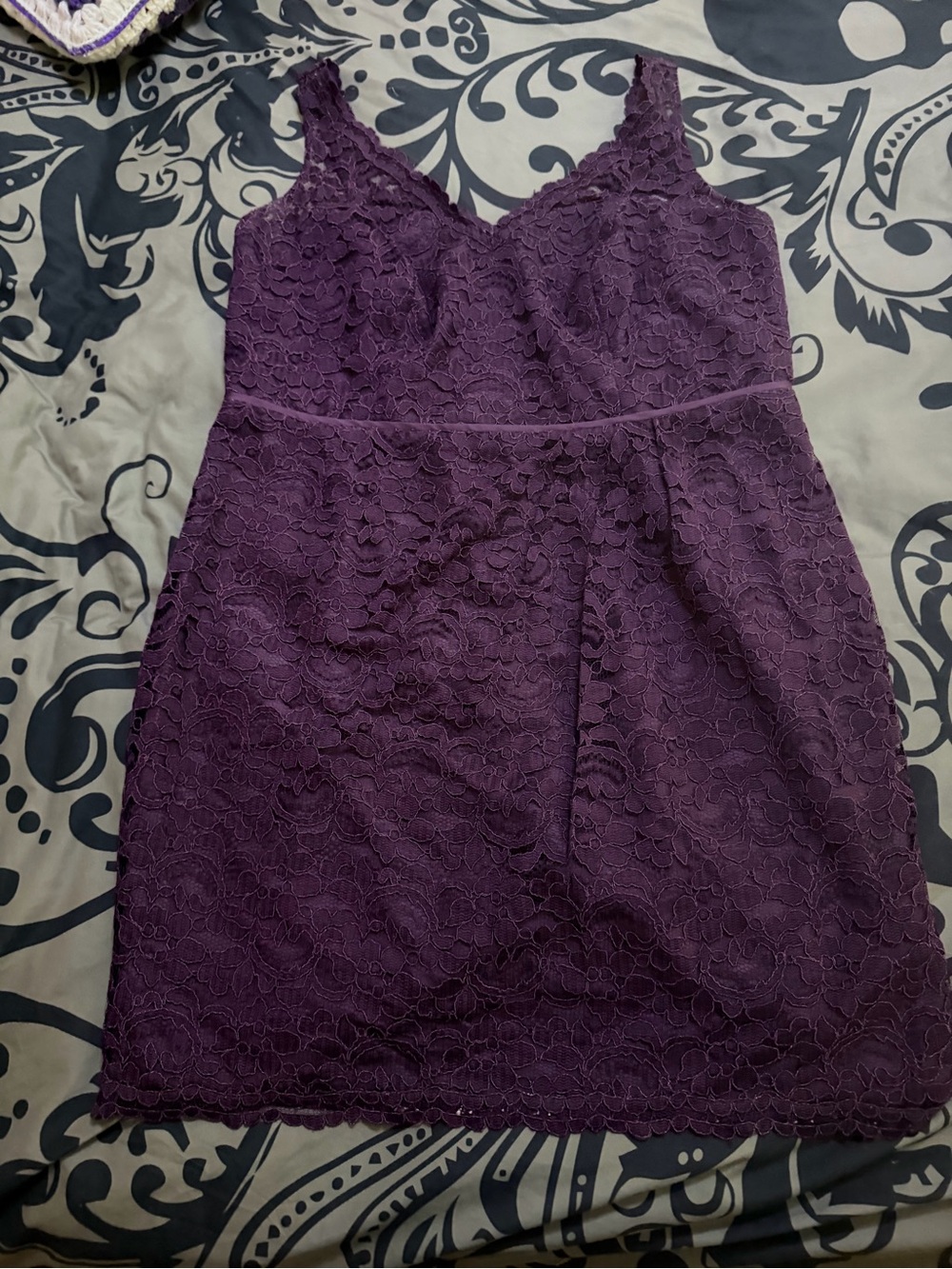 David's Bridal Plum Lace V-Neck Cocktail Dress